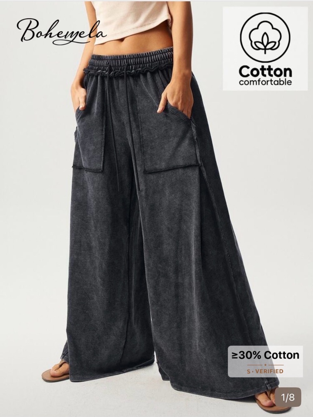 Boheme Charcoal Wide-Leg Cotton Cargo Pants